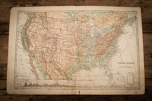 United State of America Map Illustration, Antique 1871 Book Page Color stock photo of an antique United States of America map illustration page on an old, wooden trunk. Salvaged from an 1871 geography book. topographic map photos stock pictures, royalty-free photos & images