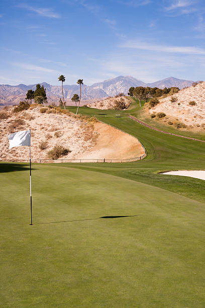 drapeau coupe parcours de golf green desert palm springs vertical sur la montagne - lawn desert golf california photos et images de collection