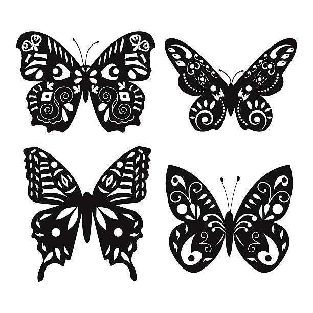 set of butterflies silhouettes isolated on white background vector collection black and white butterflies for design isolated on white butterfly tattoo stencil stock illustrations