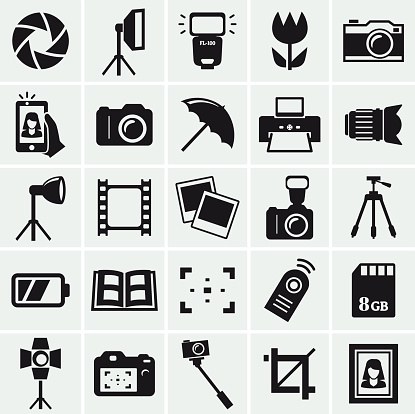 Photo icons. Set of 25 black symbols for a photographic theme. Vector collection of silhouette elements.