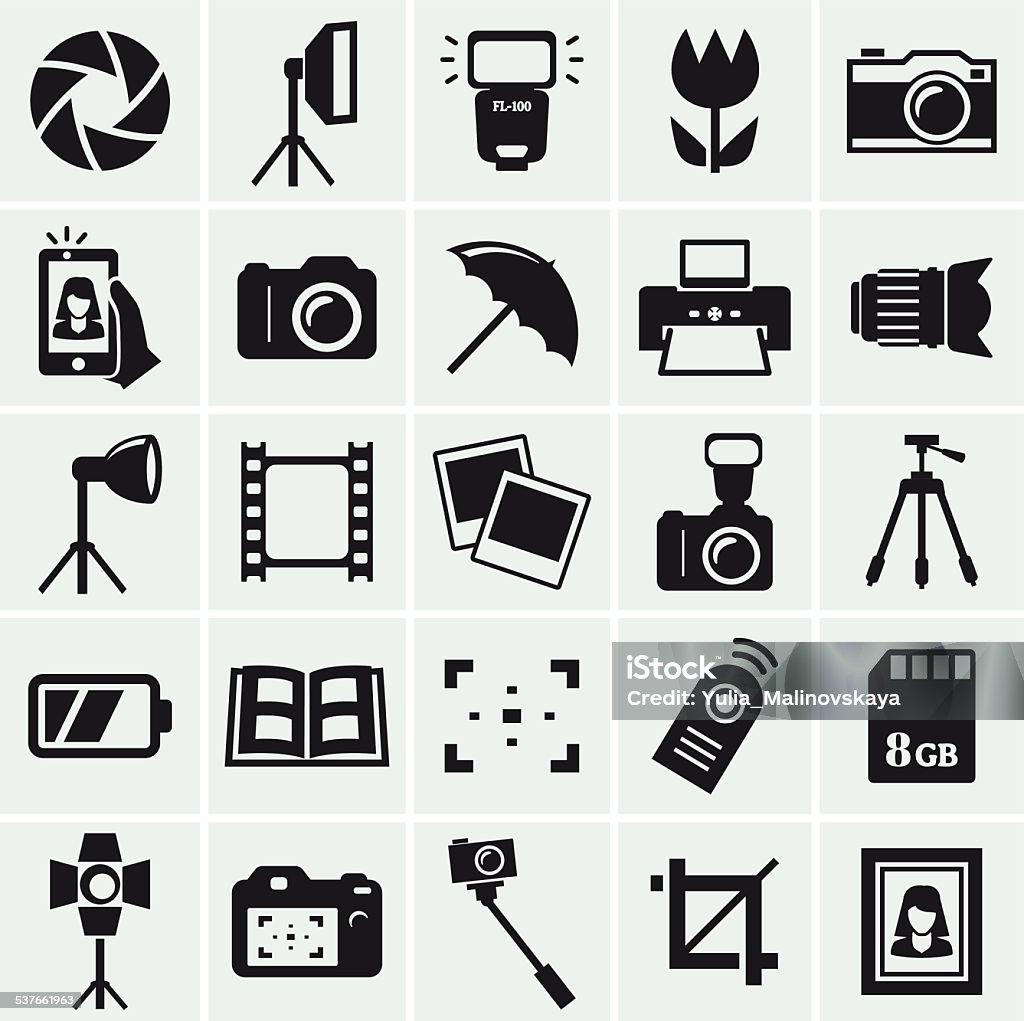 Photo icons. Vector set. Photo icons. Set of 25 black symbols for a photographic theme. Vector collection of silhouette elements. Icon Symbol stock vector