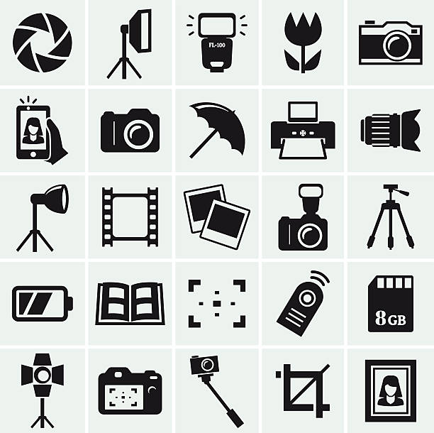 Photo icons. Vector set. Photo icons. Set of 25 black symbols for a photographic theme. Vector collection of silhouette elements. slr camera photos stock illustrations