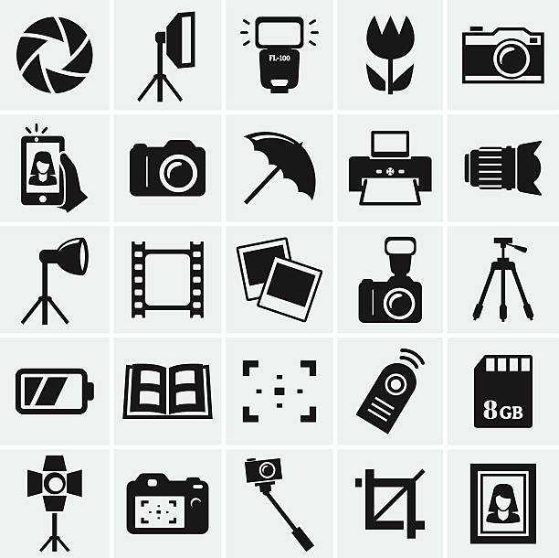 Photo icons. Vector set. Photo icons. Set of 25 black symbols for a photographic theme. Vector collection of silhouette elements. tripod stock illustrations