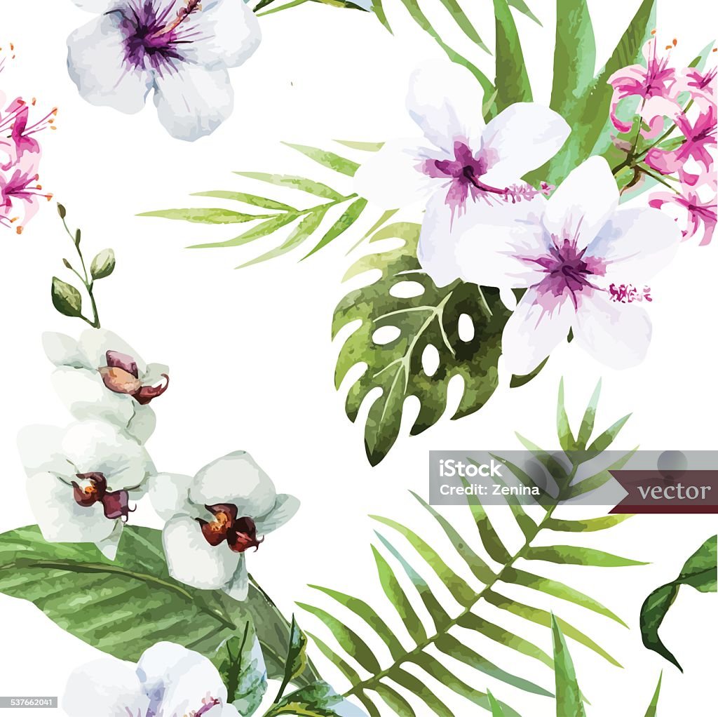 watercolor, hibiscus, orchid, white, palm, tropical, pattern, background, wallpaper 2015 stock vector