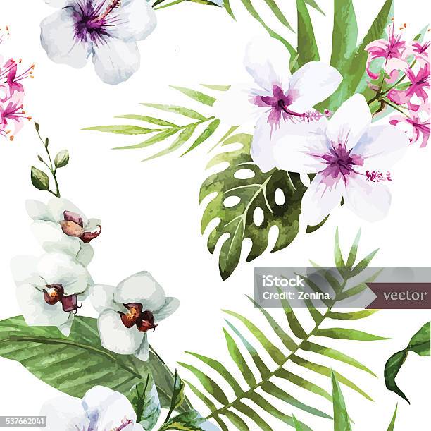 Watercolor Hibiscus Orchid White Palm Tropical Pattern Background Wallpaper Stock Illustration - Download Image Now