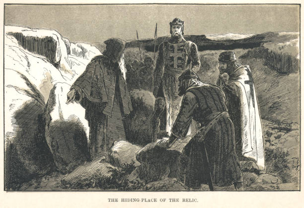The hiding-place of the Relic (Victorian engraving) The hiding of the holy relic - a piece of the ’True Cross’ - during the Third Crusade. From “Brothers in Arms: A Story of the Crusades” by F. Bayford Harrison; published in London by Blackie & Son, 1885. knights templar stock illustrations