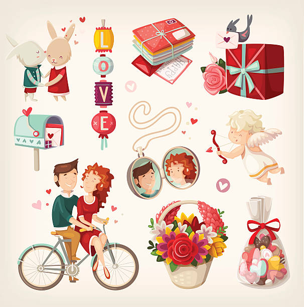 Set of items for valentine's day Set of romantic valentine items and people. necklace photos stock illustrations