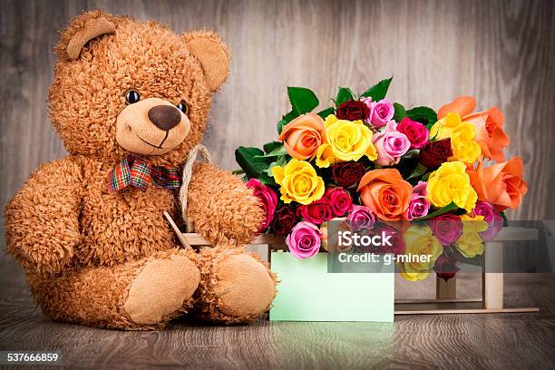 Bunch Of Roses And A Teddy Bear Stock Photo - Download Image Now - 2015, Backgrounds, Blank