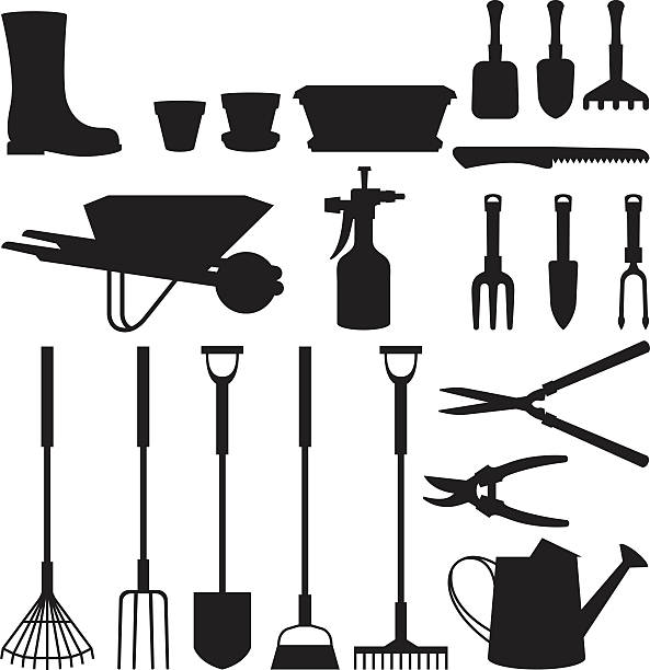 ilustraciones, imágenes clip art, dibujos animados e iconos de stock de conjunto de siluetas de objetos y herramientas de jardín - gardening equipment trowel gardening fork isolated