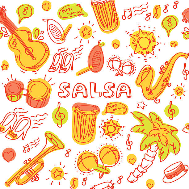 illustrazioni stock, clip art, cartoni animati e icone di tendenza di musica salsa icone. gli strumenti - jazz latino