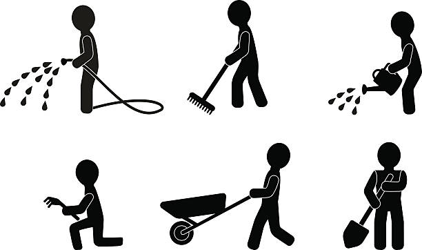 ilustrações, clipart, desenhos animados e ícones de trabalho no jardim - watering can shovel rake silhouette