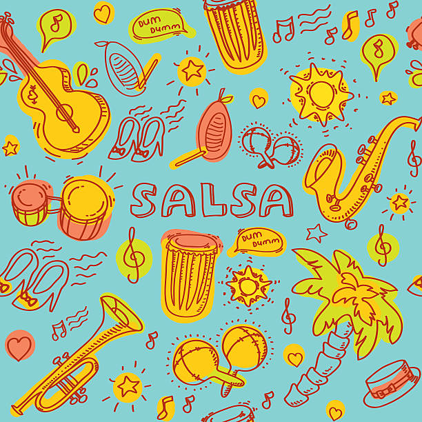Salsa music icons, instruments, blue back Salsa music and dance colored illustration with musical instruments with palms, etc. Vector modern and stylish design elements set guiro stock illustrations