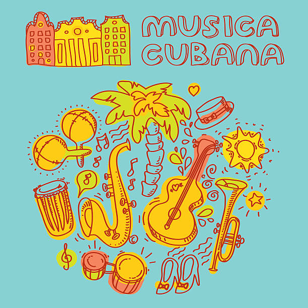Salsa instruments icon, blue background Musica cubana, Salsa music and dance illustration with musical instruments with palms, etc. Vector modern and stylish design elements set guiro stock illustrations
