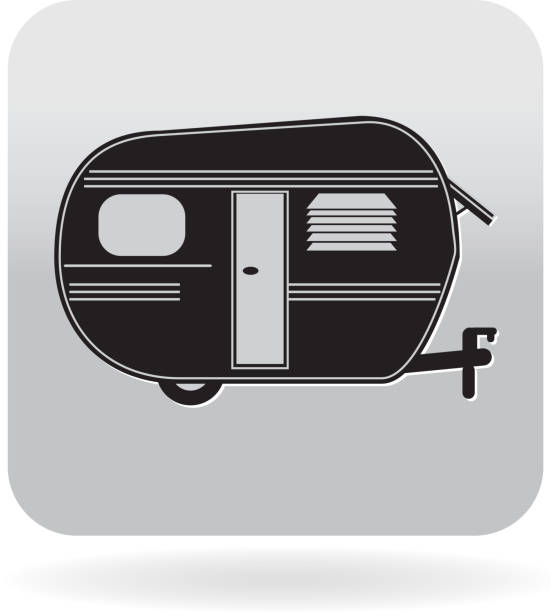 Royalty free cute Trailer park icon.Adventure,wanderlust,camping,travel,discovery,mobile home.Black and white infographic icon for website or online interface usage. Can be used as web button symbol. Simple and text based design. Fully editable and  easy to edit vector illustration layers. Includes sample text design and shadow below.
