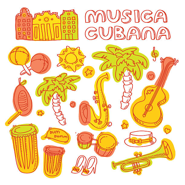 Set of salsa instruments Salsa music and dance illustration with musical instruments, palms, etc. Vector modern and stylish design elements set guiro stock illustrations