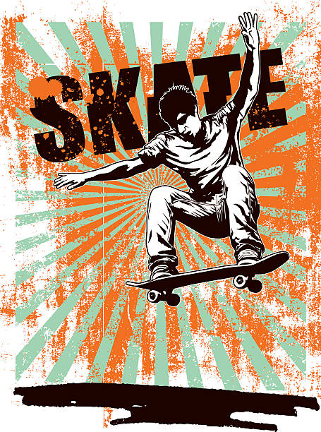 illustrazioni stock, clip art, cartoni animati e icone di tendenza di pattini grunge poster con rider saltare - skateboarding