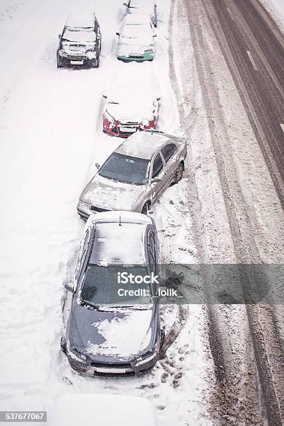 Snowcovered Cars On The Roadside Stock Photo - Download Image Now - 2015, Blizzard, Car