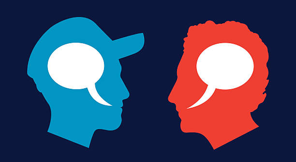 Man and Man Profile Speech Bubbles Vector illustration of two profiles of men in blue and red with speech bubbles inside their heads. left wing politics stock illustrations