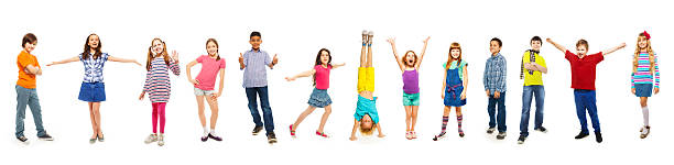 combinación de chicos y chicas aislado en blanco - saltar actividad física fotos fotografías e imágenes de stock