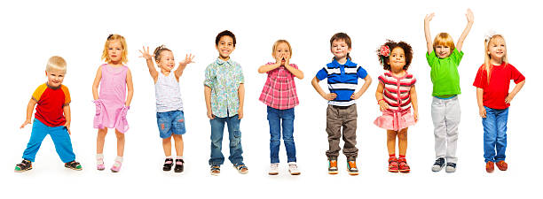 Combination of little kids standing isolated Combination of a number of divers looking little preschool children isolated on white standing children only stock pictures, royalty-free photos & images