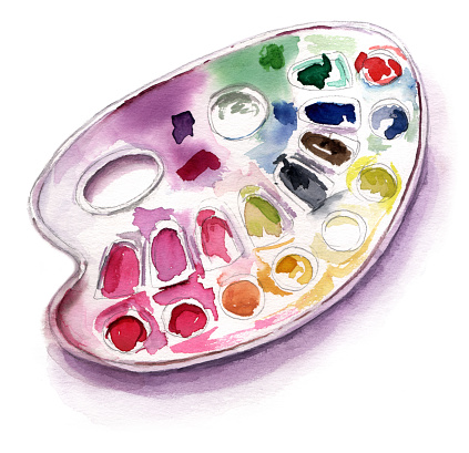 A watercolour drawing of a palette on white background