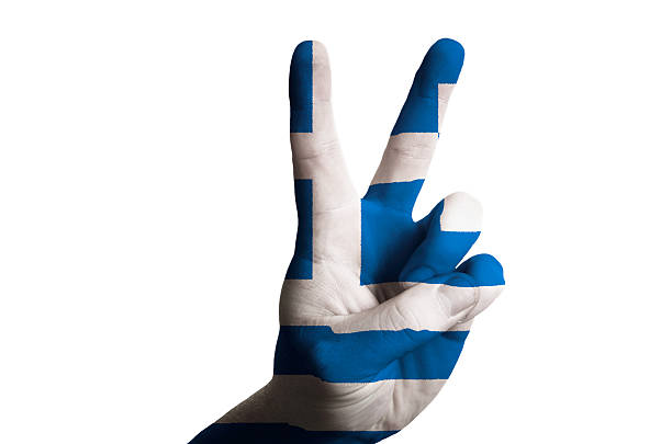 istock greece national flag two finger up gesture for victory 537679259