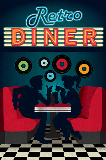 Late night retro 50s Diner scene with people silhouettes