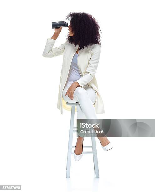 Woman Searching With Binoculars Stock Photo - Download Image Now - Binoculars, Cut Out, One Woman Only