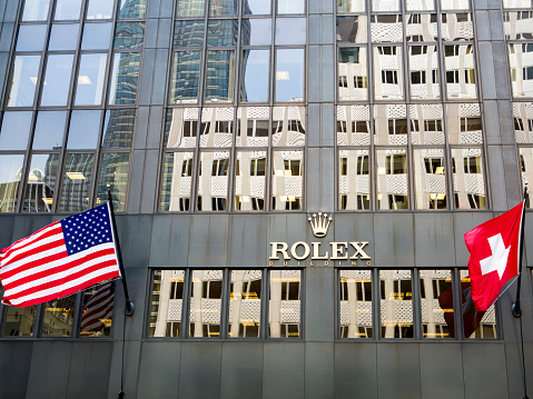 New York, USA - July 6, 2015: The Rolex sign above the shop in 5th Avenue in Manhattan.