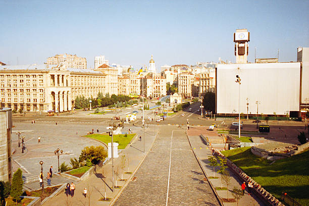 Kiev, Ukraine - June 01, 2016: Morning view of Maidan Nezalezhnosti (Independence Square) - central square of Kiev, Ukraine. It is located on the Khreshchatyk Street.