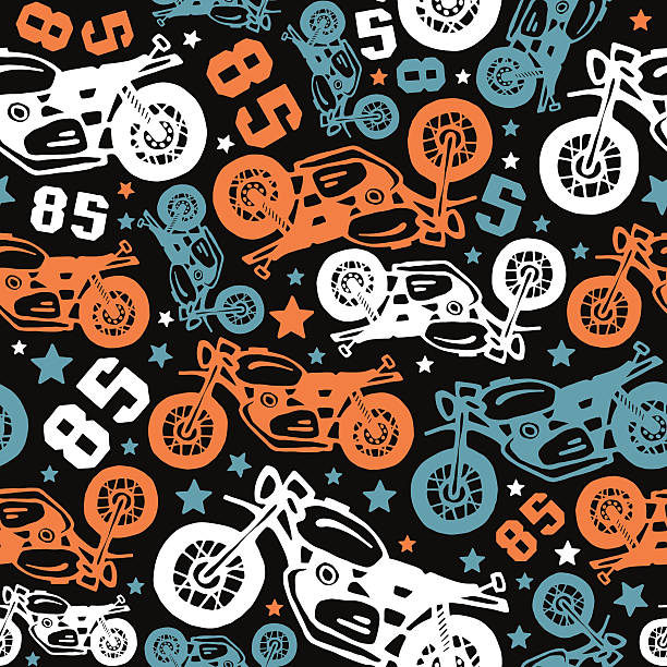 Seamless pattern with motorcycles drawings Seamless pattern with motorcycles drawings. Design for your textiles, backgrounds, wrapping paper. Color print on a black background motorcycle designs stock illustrations