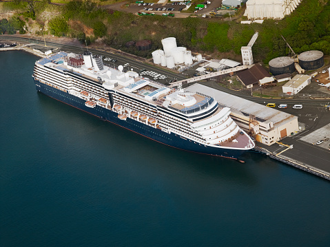 Hilo, HI, USA - January 21, 2012: Aerial view of a cruise ship docked in the port of Hilo, Hawaii