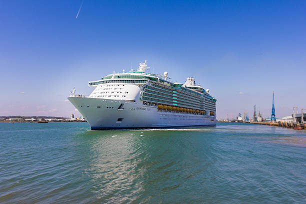 Southampton, UK  - April 20, 2013: Independence of the Seas cruise ship leaving Southampton docks, side view.