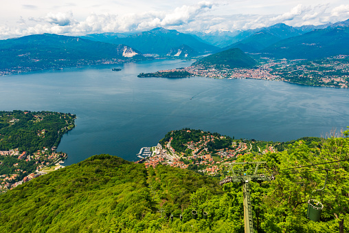 Lake Maggiore, view from top of a mountain to Luino and Verbania on other side of Lake