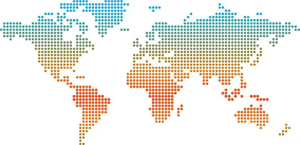 Vector illustration of World map made from colored dots indicating temperature.