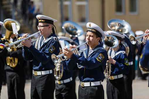 Kaliningrad, Russia - May 25 2016: The military orchestra on the ceremony at the school Sea Cadet Corps of Andrew Pervozvanniy