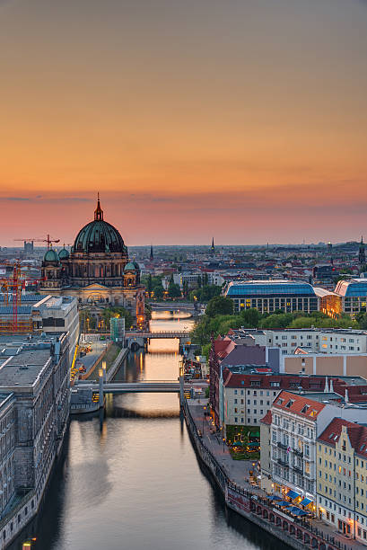 The Spree river in Berlin at sunset stock photo