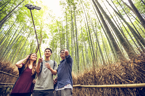 Group of friends taking selfie in Bamboo Forest of Arashiyama, Kyoto, Japan.