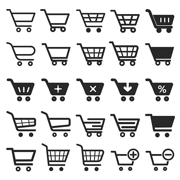 ilustraciones, imágenes clip art, dibujos animados e iconos de stock de conjunto de icono del carrito de compra - supermercado