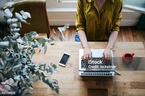 Overhead Image Of A Female Blogger Writing On The Laptop-foton och fler bilder på Laptop