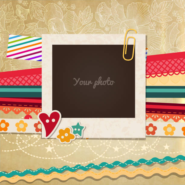 Vintage photo frame Collage photo frame on vintage background. Album template for kids, family or memories. Scrapbook concept, vector illustration. birthday photos stock illustrations
