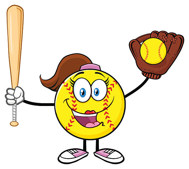 행복함 소프트볼 여자아이 홀딩-방망이 및 장갑 - art painted image ball baseball stock illustrations