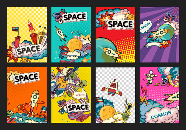 Banner illustration of cosmos Cartoon vector illustration of space. Moon, planet, rocket, earth, cosmonaut, comet, universe. Classification, milky way. Hand drawn. Comics cosmos. comic book layout stock illustrations