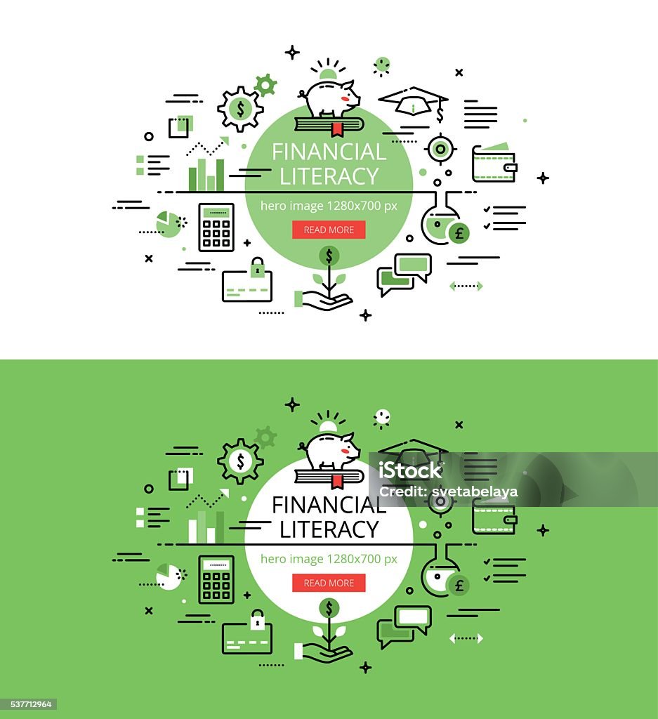 Financial Literacy. Flat line color hero images concept Set of modern vector illustration concepts of financial literacy. Line flat design hero banners for websites and apps with call to action button, ready to use Financial Literacy stock vector