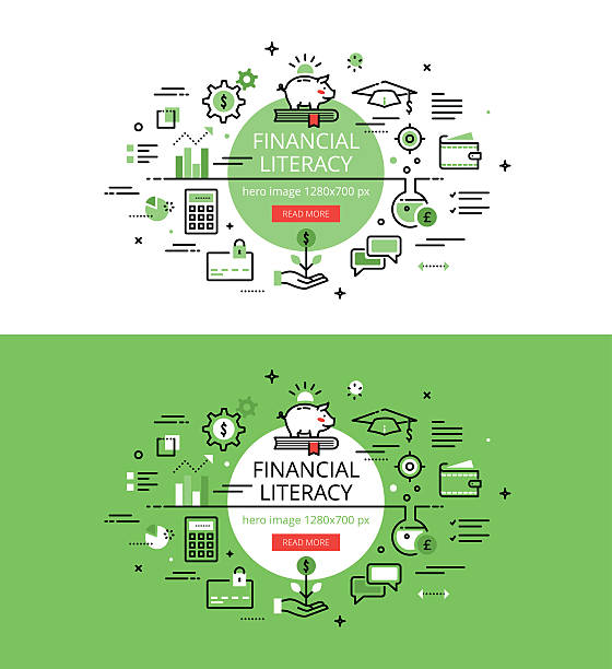 Financial Literacy. Flat line color hero images concept Set of modern vector illustration concepts of financial literacy. Line flat design hero banners for websites and apps with call to action button, ready to use financial literacy stock illustrations