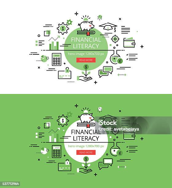 Financial Literacy Flat Line Color Hero Images Concept Stock Illustration - Download Image Now
