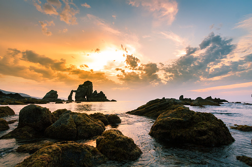 The Stone Cathedral in San Juan de Gaztelugatxe at sunset, Basque Country, Spain