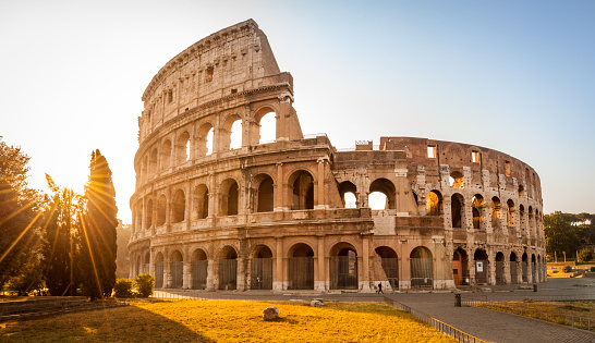 Colosseum at sunrise in backlight, Rome, Italy