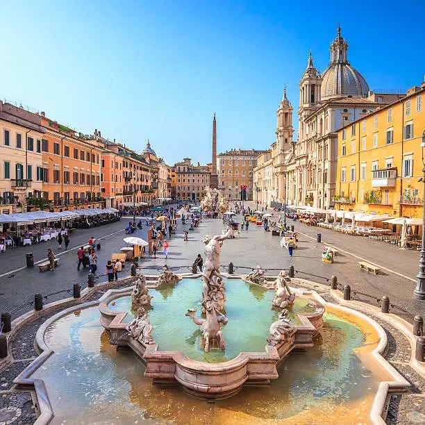 Piazza Navona,Rome,Italy. On the foreground the so called Fontana del Nettuno (Neptune Fountain)