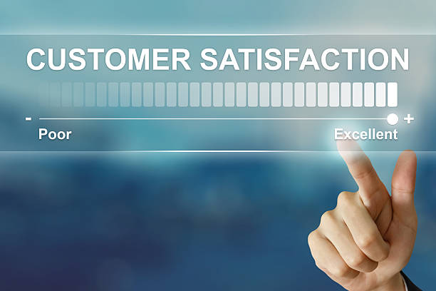 business hand clicking excellent customer satisfaction stock photo